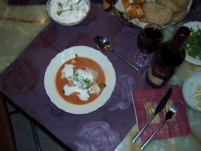 Fish soup with tiger prawns and lobster tails