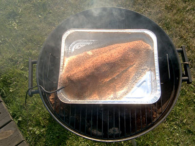 Grilled and smoked mullet in a salt crust served with Salsa Verde