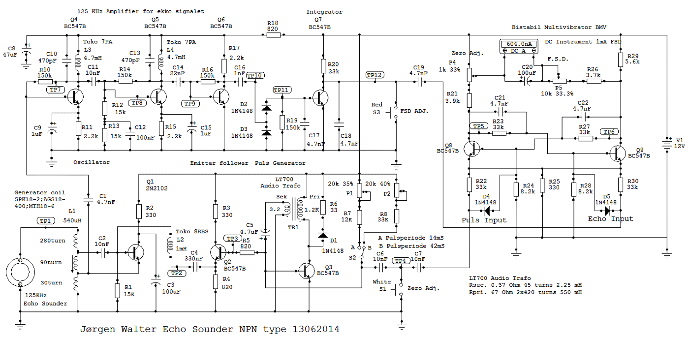 Det elektriske diagram for 125 kHz ekkolod med NPN transistorer