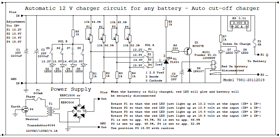 Diagram for automatiske 12 volt batteri oplader med auto Off funktion med et rel