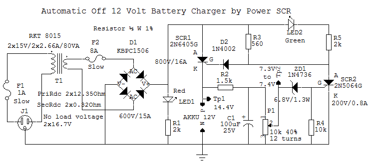 Diagram for automatisk Off 12 Volt oplader med Power SCR