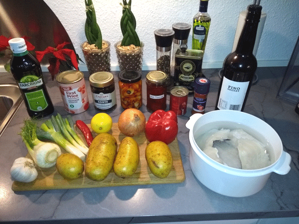 Ingredients for the dish. Here served in deep plates with a Porter