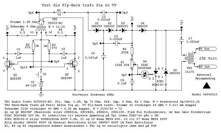 Diagram over kredslbet og en Fly-Back trafo fra et TV