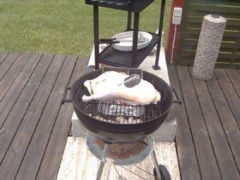 The duck is ready for smoke in the ball grill
The skin is finally made crispy