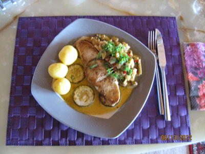 Blue shark steak on a bed of Kohlrabi with a mushroom sauce