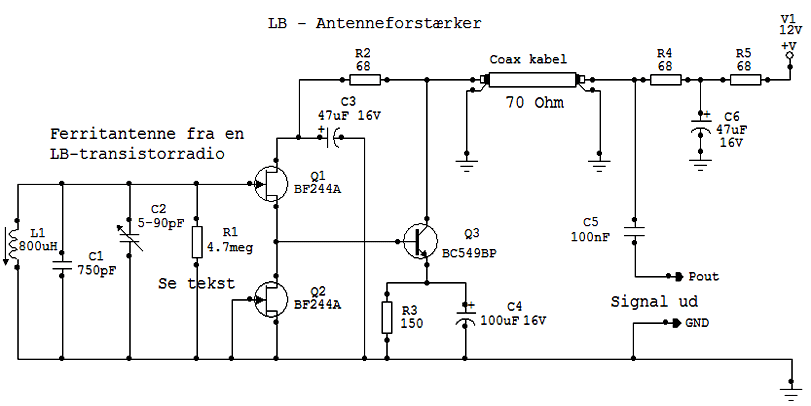 Diagram over LB-antenneforstrker. LB spole p ferritstav fra en B&O radio