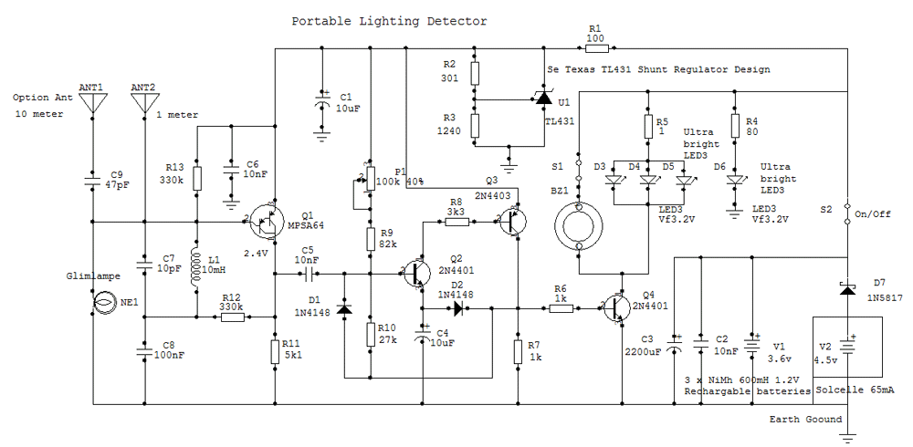 Diagram for Low Power Lighting Detector tuned to 300KHz med solceller