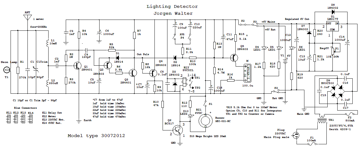 Diagram over den nye lyndetektor med Buzzer og rel der virker