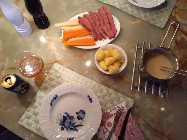 Corned beef brisket with root vegetables and horseradish sauce