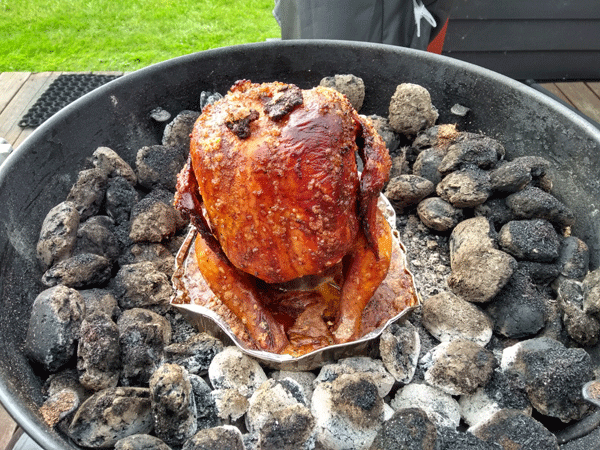 The beer can chicken of 1.5 kg were given 95 minutes on my grill at 180  C