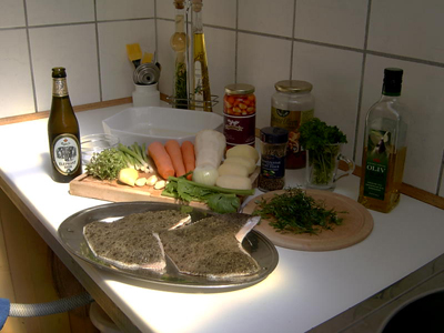 Her ses alle ingredienser til retten