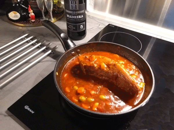 Veal tongue in Madeira, beer and olives