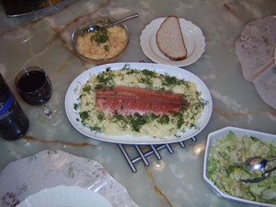 Lemon pepper smoked salmon or sea trout with mashed potatoes