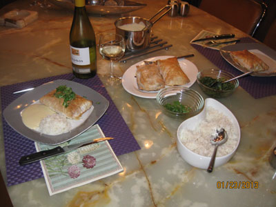 Finished baked salmon with shrimp baked in Fillo Dough