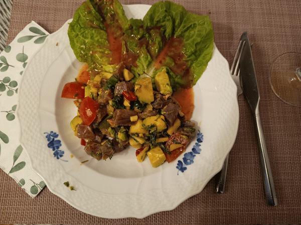 Tuna tartare with fresh herbs. Served on a decorated plate